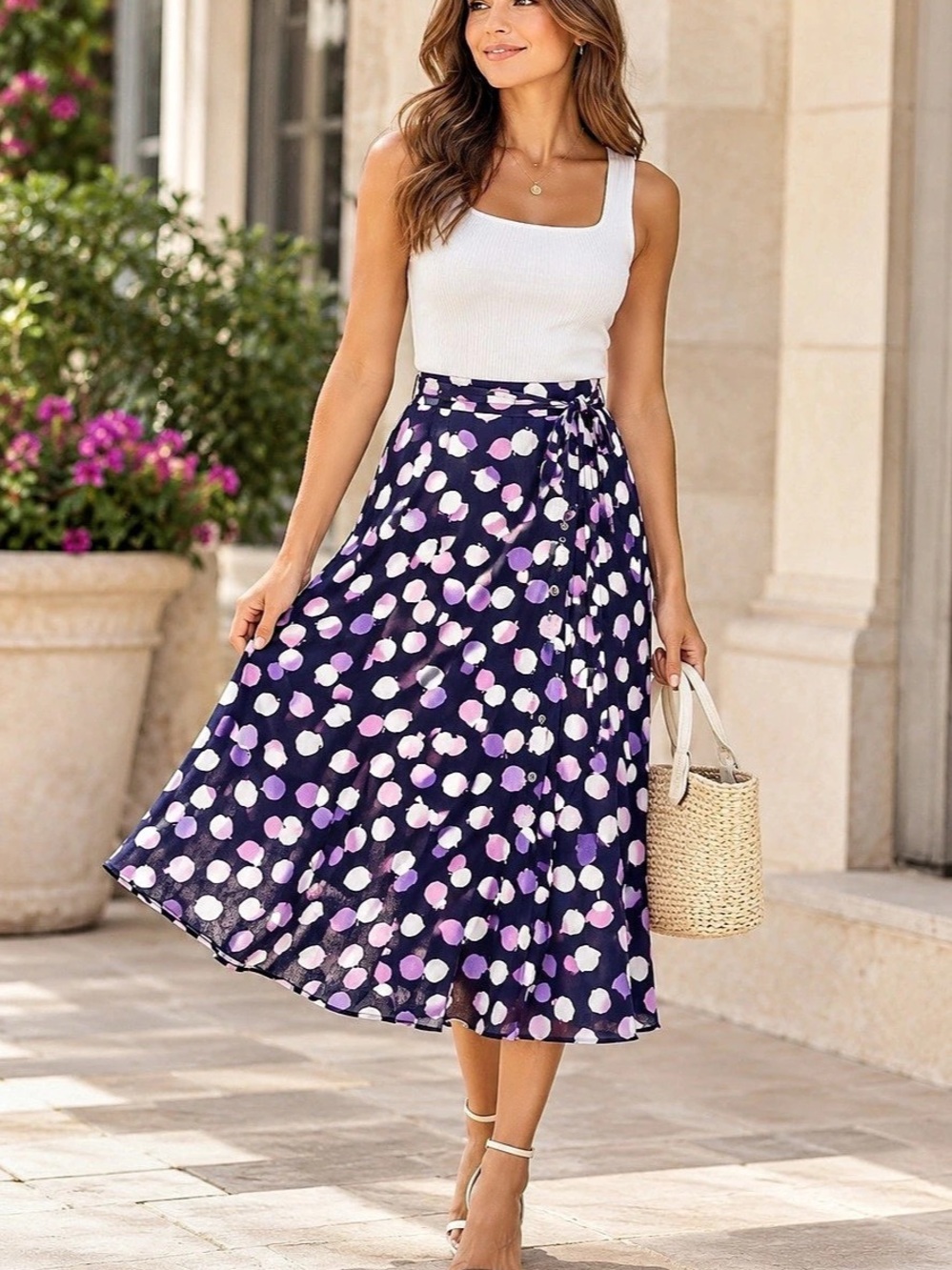 Talbots NWT 6 Navy Purple Abstract Print Button Front Tie Waist Midi Skirt Work